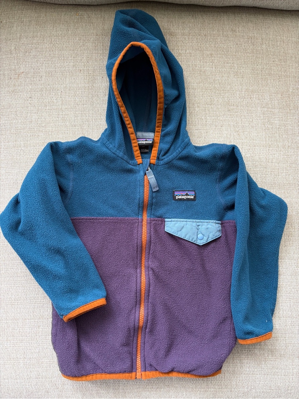 Patagonia Teal & Purple Kids Hooded Fleece with Orange Trim